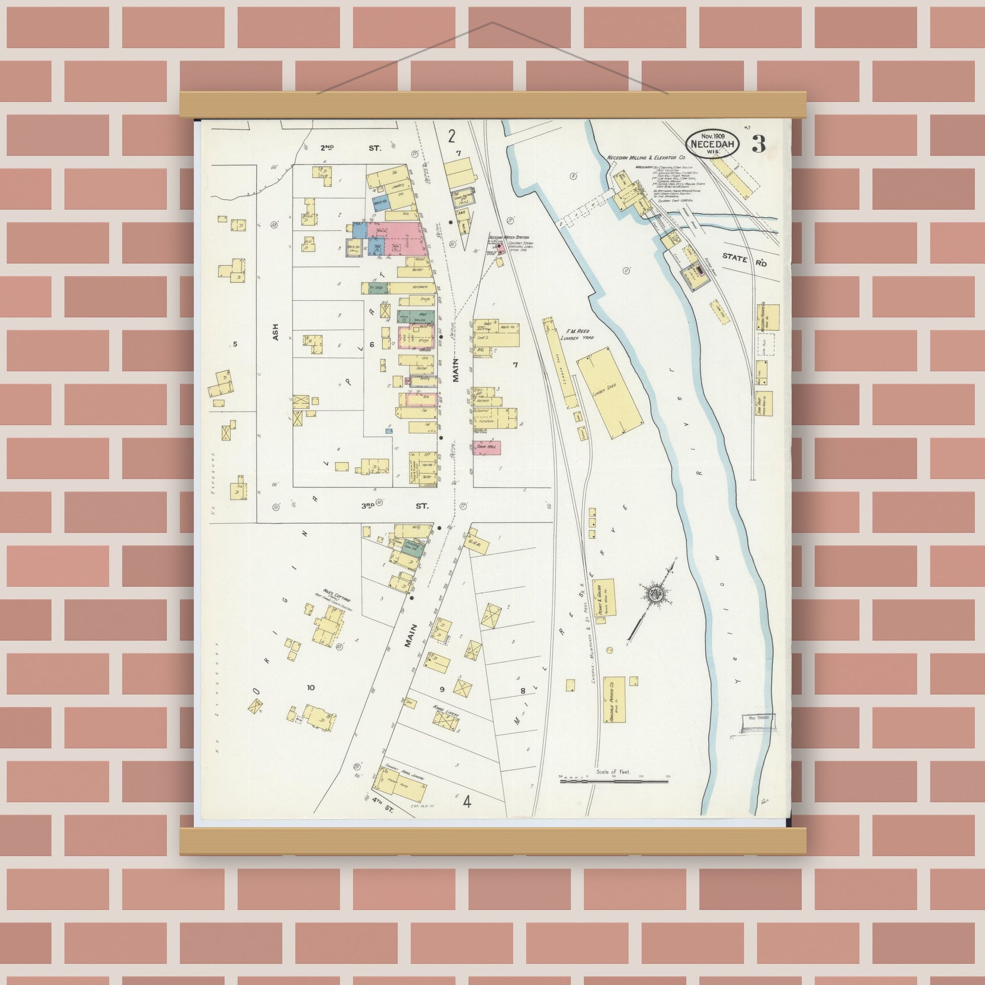 Old map wall art mockup — magnetic wood frame on brick wall — Sanborn Fire Insurance Map from Necedah, Juneau County, Wisconsin (1909), Sheet #0003