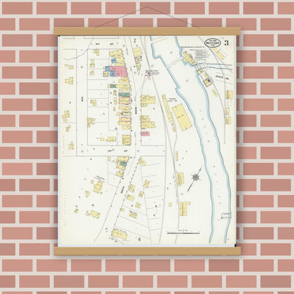 Old map wall art mockup — magnetic wood frame on brick wall — Sanborn Fire Insurance Map from Necedah, Juneau County, Wisconsin (1909), Sheet #0003