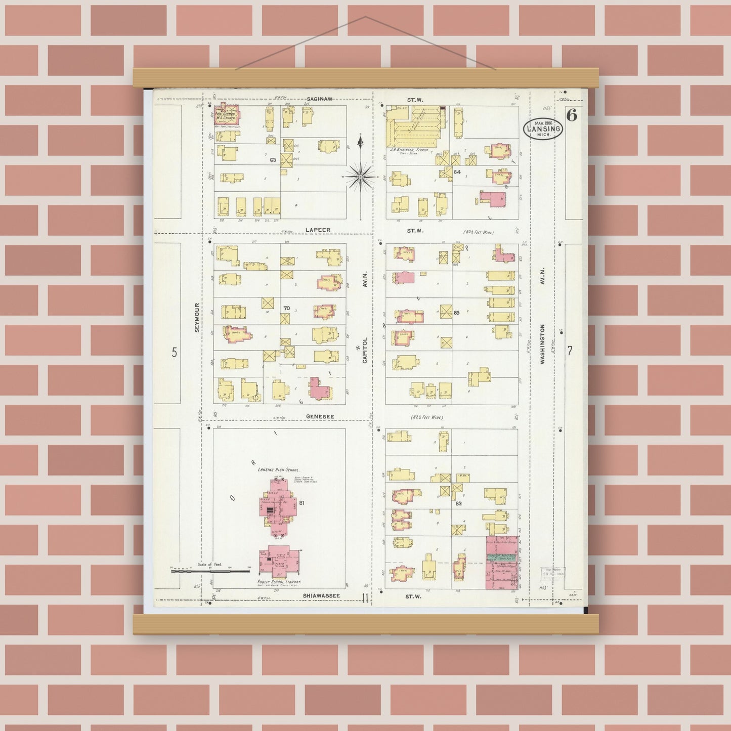 Old map wall art mockup — magnetic wood frame on brick wall — Sanborn Fire Insurance Map from Lansing, Ingham County, Michigan (1906), Sheet #0006