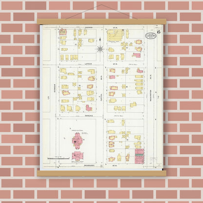 Old map wall art mockup — magnetic wood frame on brick wall — Sanborn Fire Insurance Map from Lansing, Ingham County, Michigan (1906), Sheet #0006