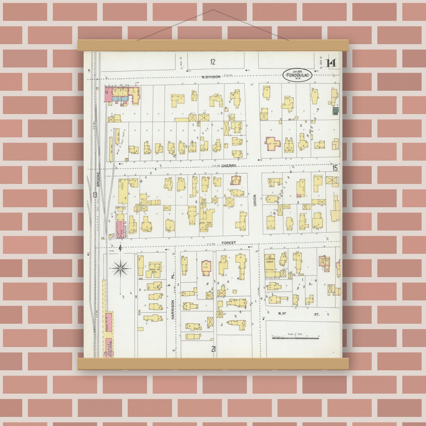Old map wall art mockup — magnetic wood frame on brick wall — Sanborn Fire Insurance Map from Fond du Lac, Fond du Lac County, Wisconsin (1902), Sheet #0014