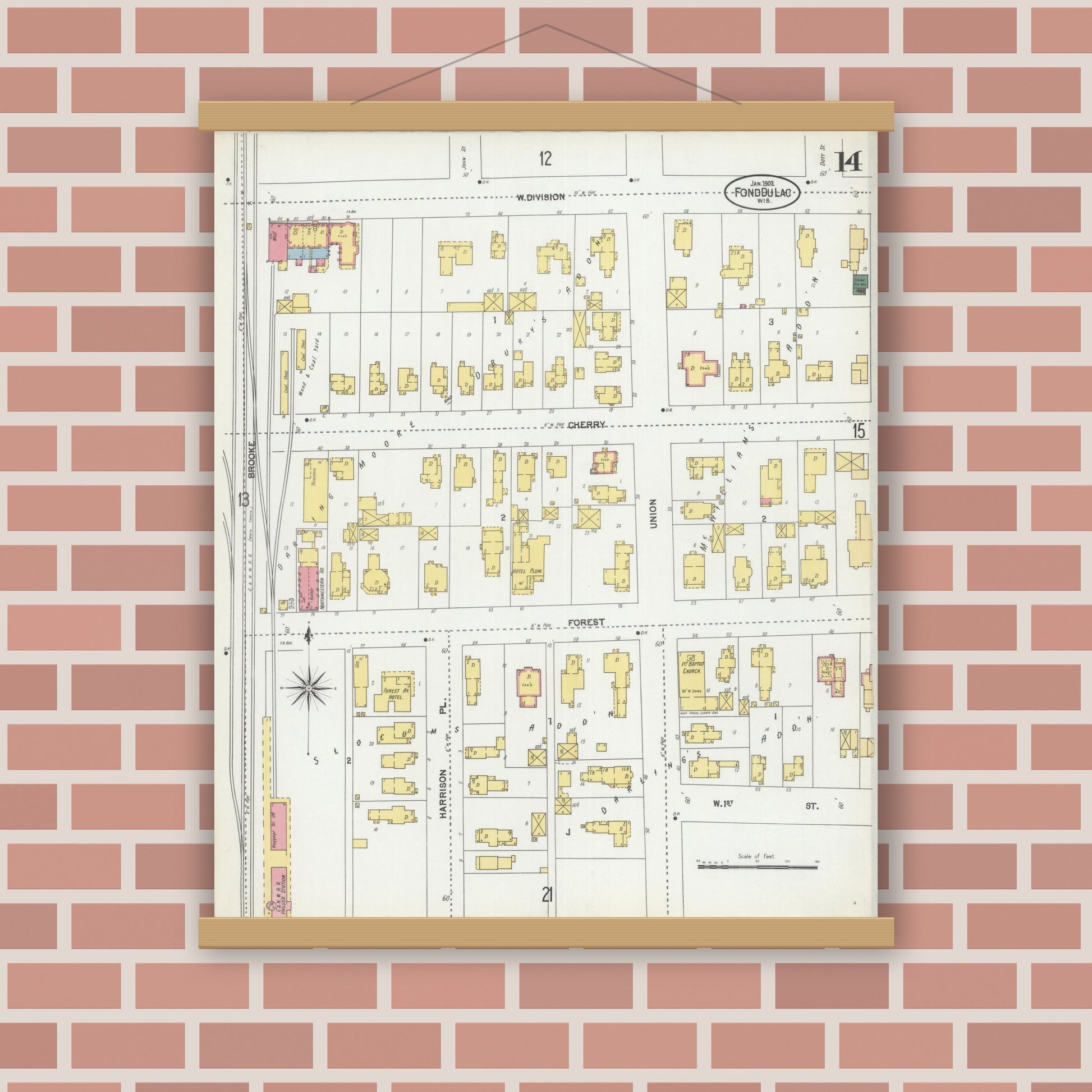 Old map wall art mockup — magnetic wood frame on brick wall — Sanborn Fire Insurance Map from Fond du Lac, Fond du Lac County, Wisconsin (1902), Sheet #0014