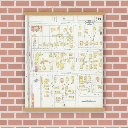 Old map wall art mockup — magnetic wood frame on brick wall — Sanborn Fire Insurance Map from Fond du Lac, Fond du Lac County, Wisconsin (1902), Sheet #0014