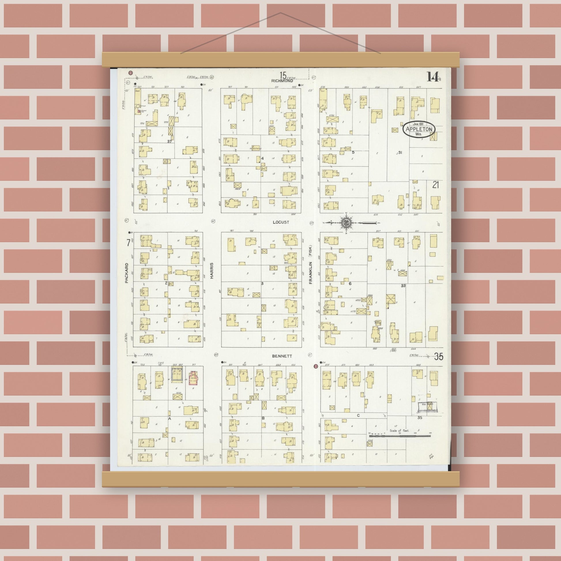 Old map wall art mockup — magnetic wood frame on brick wall — Sanborn Fire Insurance Map from Appleton, Outagamie County, Wisconsin (1911), Sheet #0014