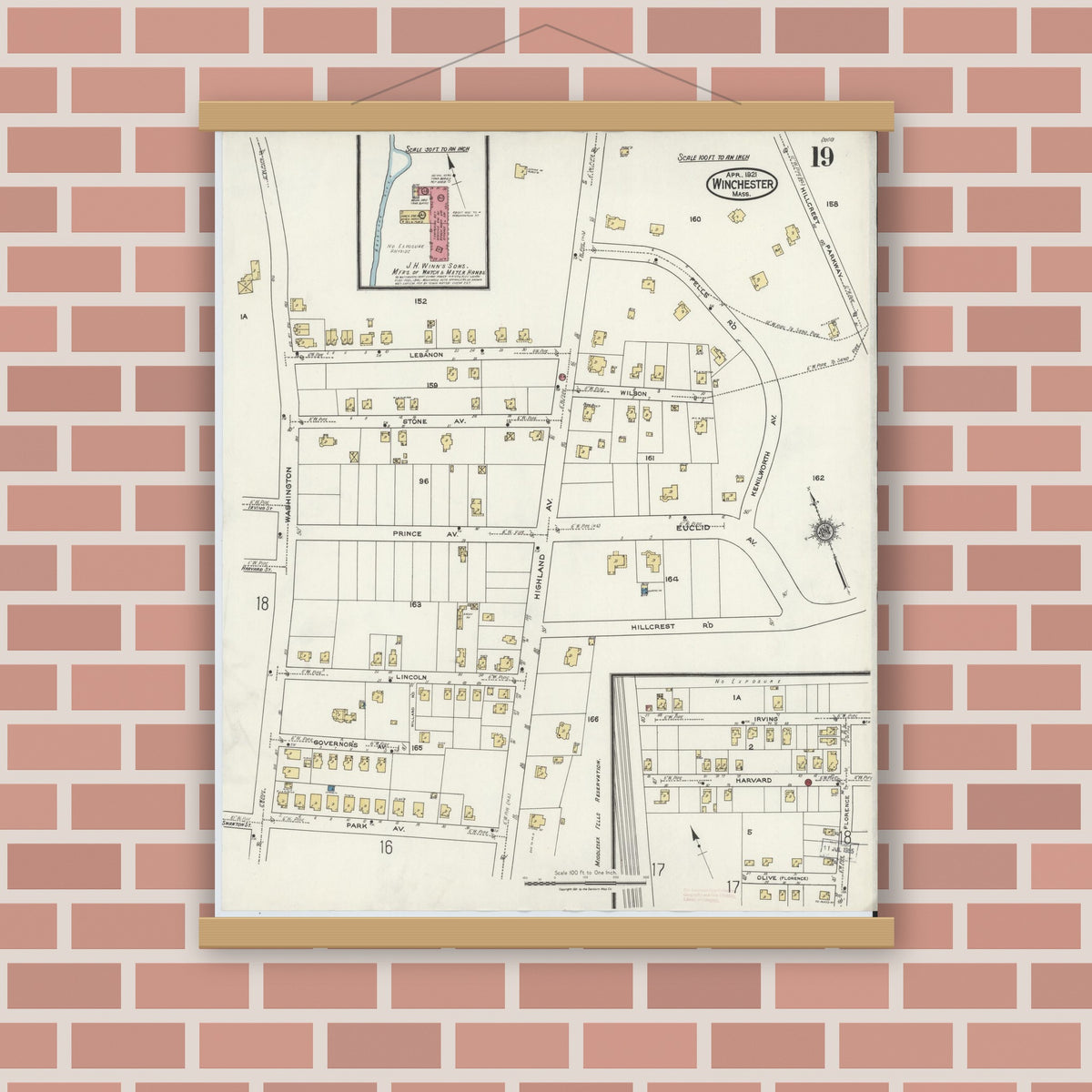 Old map wall art mockup — magnetic wood frame on brick wall — Sanborn Fire Insurance Map from Winchester, Middlesex County, Massachusetts (1921), Sheet #0019