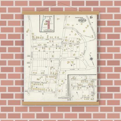 Old map wall art mockup — magnetic wood frame on brick wall — Sanborn Fire Insurance Map from Winchester, Middlesex County, Massachusetts (1921), Sheet #0019