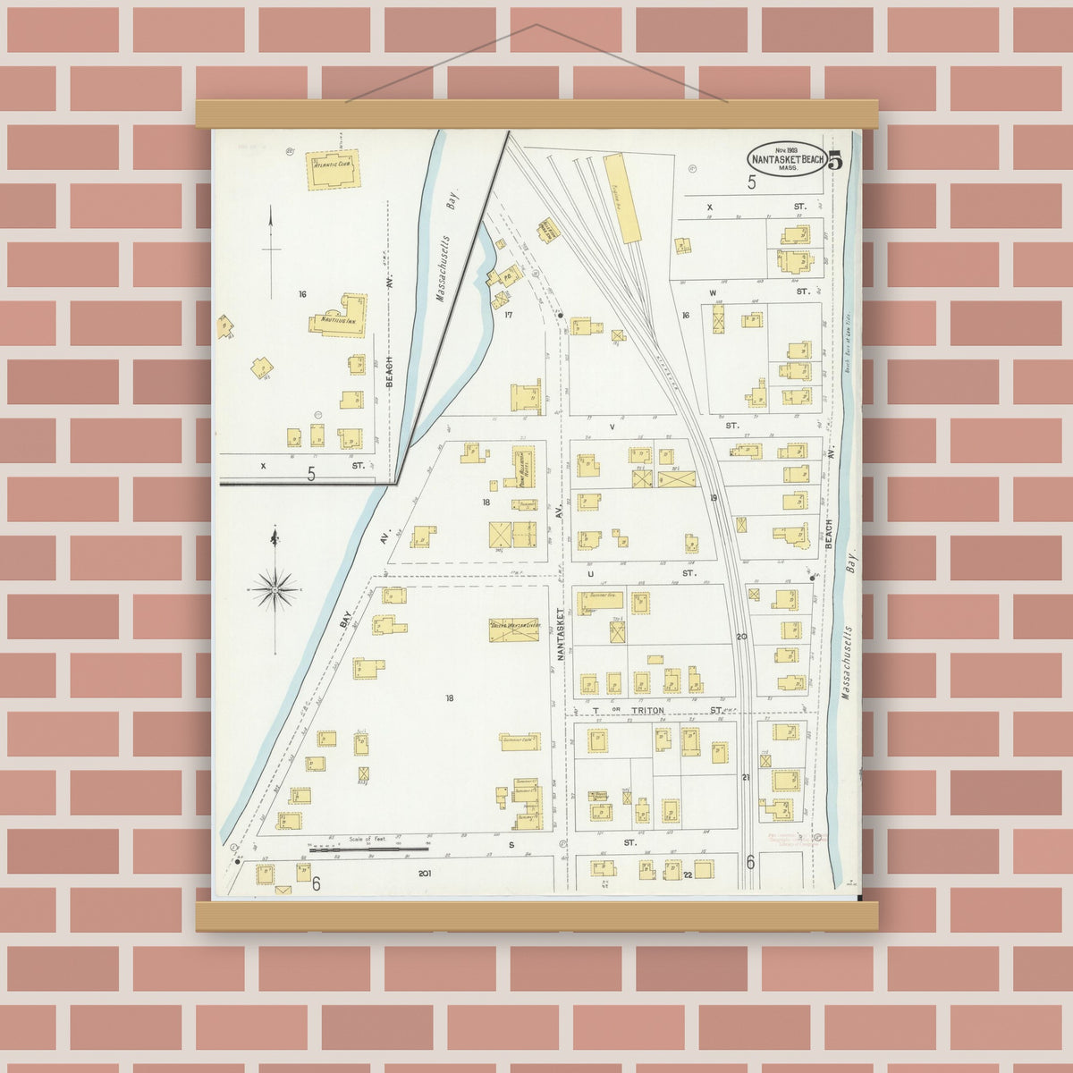 Old map wall art mockup — magnetic wood frame on brick wall — Sanborn Fire Insurance Map from Nantasket Beach, Plymouth County, Massachusetts (1903), Sheet #0005