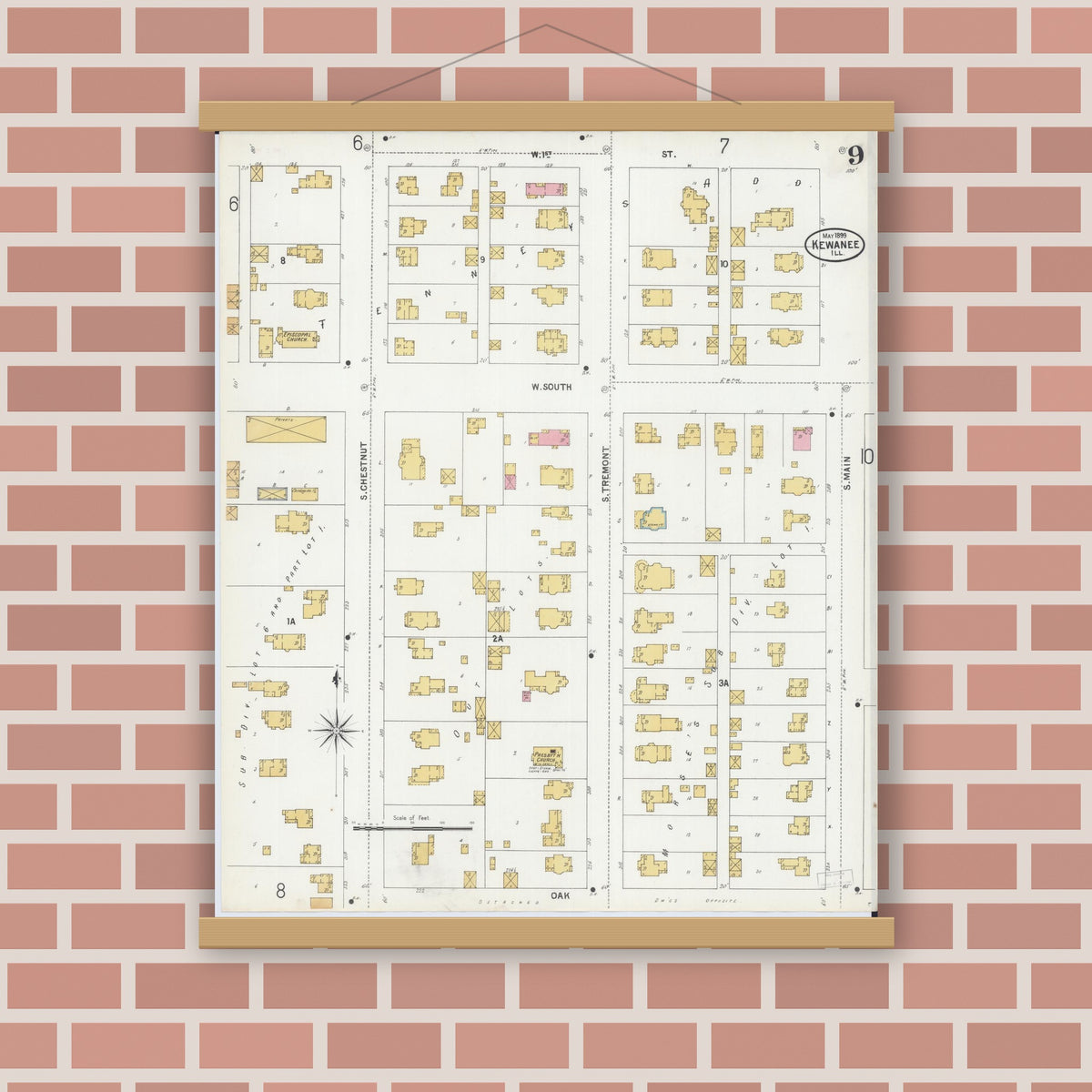 Old map wall art mockup — magnetic wood frame on brick wall — Sanborn Fire Insurance Map from Kewanee, Henry County, Illinois (1899), Sheet #0009