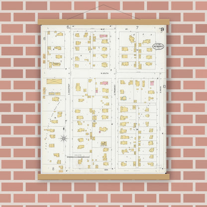 Old map wall art mockup — magnetic wood frame on brick wall — Sanborn Fire Insurance Map from Kewanee, Henry County, Illinois (1899), Sheet #0009