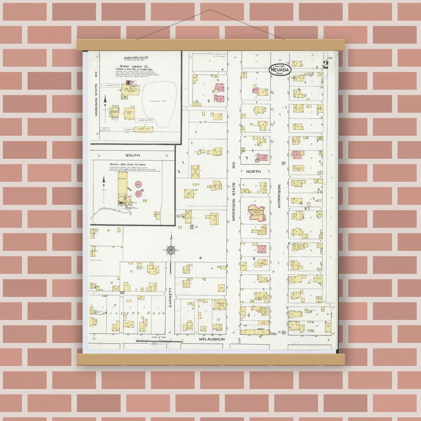 Old map wall art mockup — magnetic wood frame on brick wall — Sanborn Fire Insurance Map from Nevada, Wyandot County, Ohio (1921), Sheet #0002