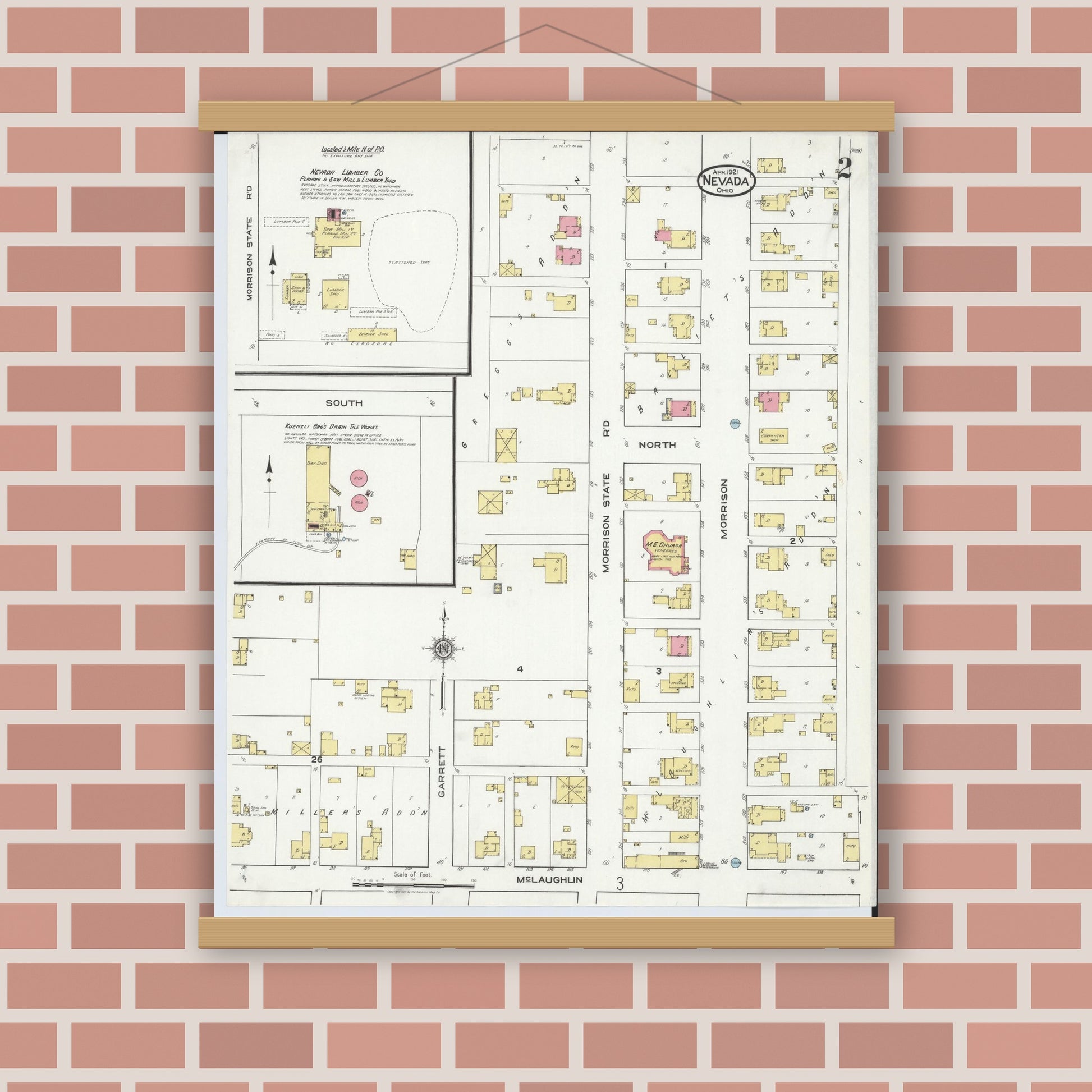 Old map wall art mockup — magnetic wood frame on brick wall — Sanborn Fire Insurance Map from Nevada, Wyandot County, Ohio (1921), Sheet #0002
