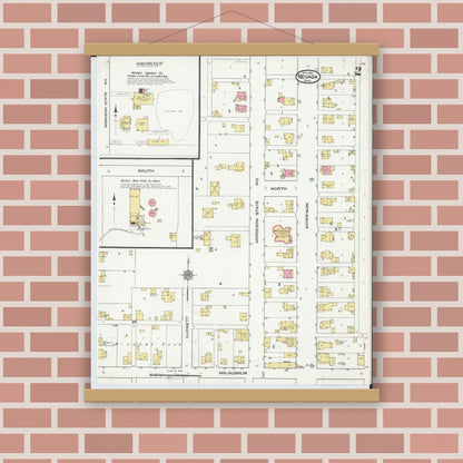 Old map wall art mockup — magnetic wood frame on brick wall — Sanborn Fire Insurance Map from Nevada, Wyandot County, Ohio (1921), Sheet #0002