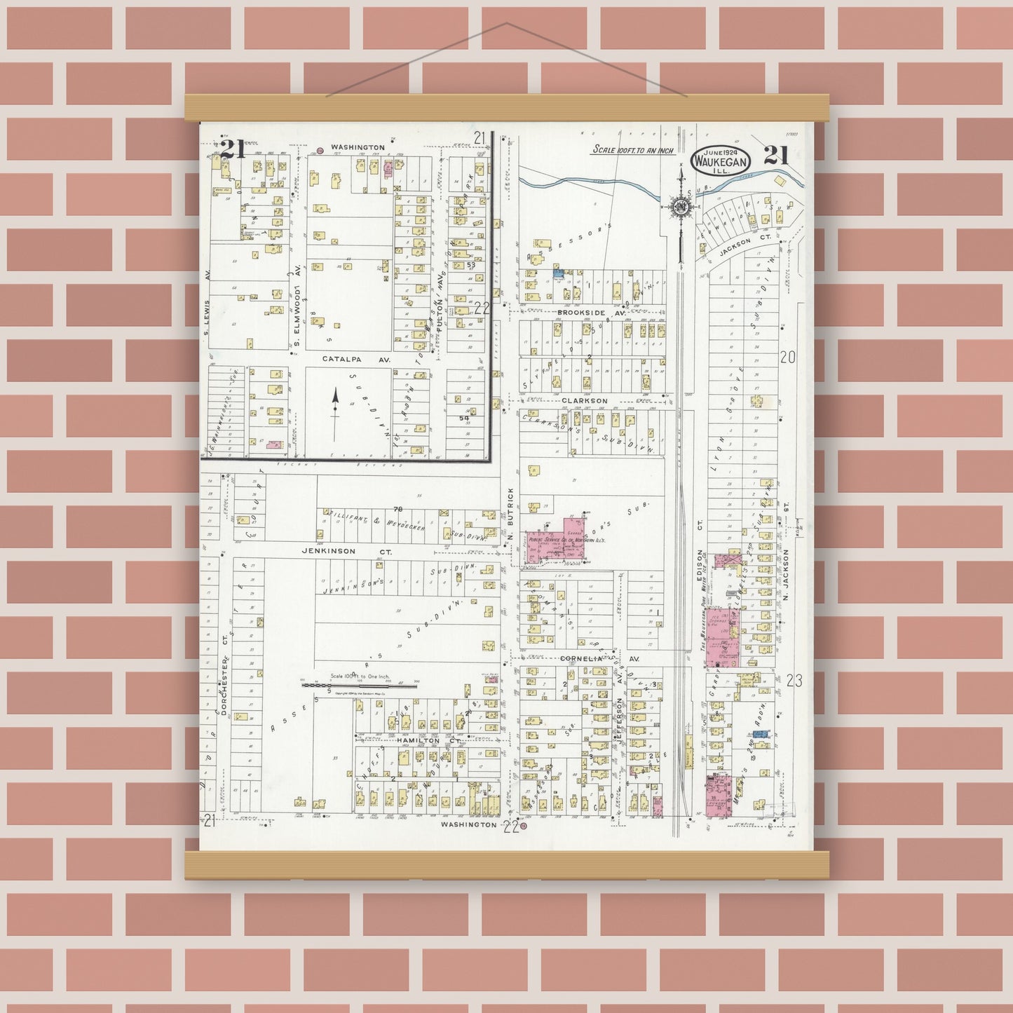 Old map wall art mockup — magnetic wood frame on brick wall — Sanborn Fire Insurance Map from Waukegan, Lake County, Illinois (1924), Sheet #0021