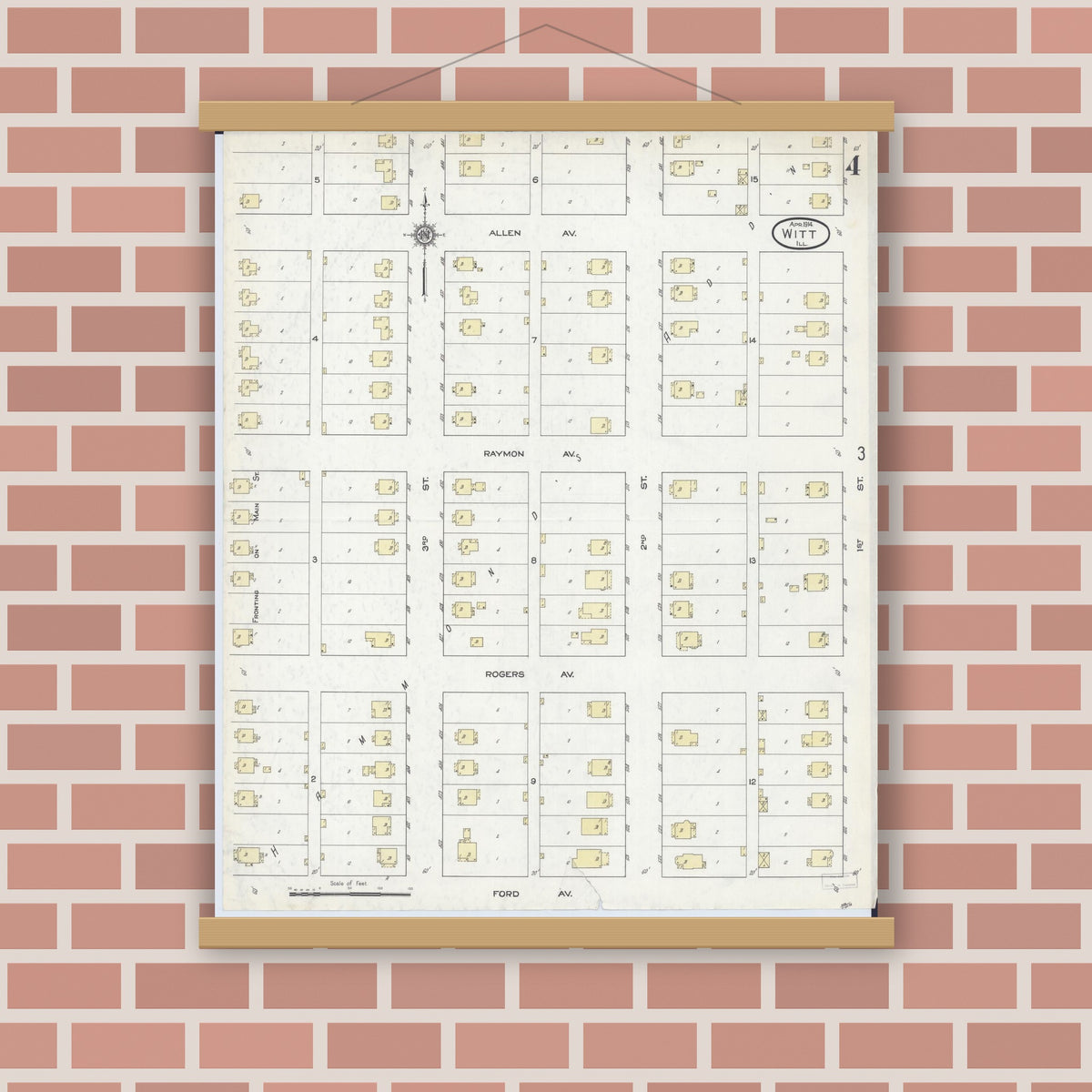 Old map wall art mockup — magnetic wood frame on brick wall — Sanborn Fire Insurance Map from Witt, Montgomery County, Illinois (1914), Sheet #0004