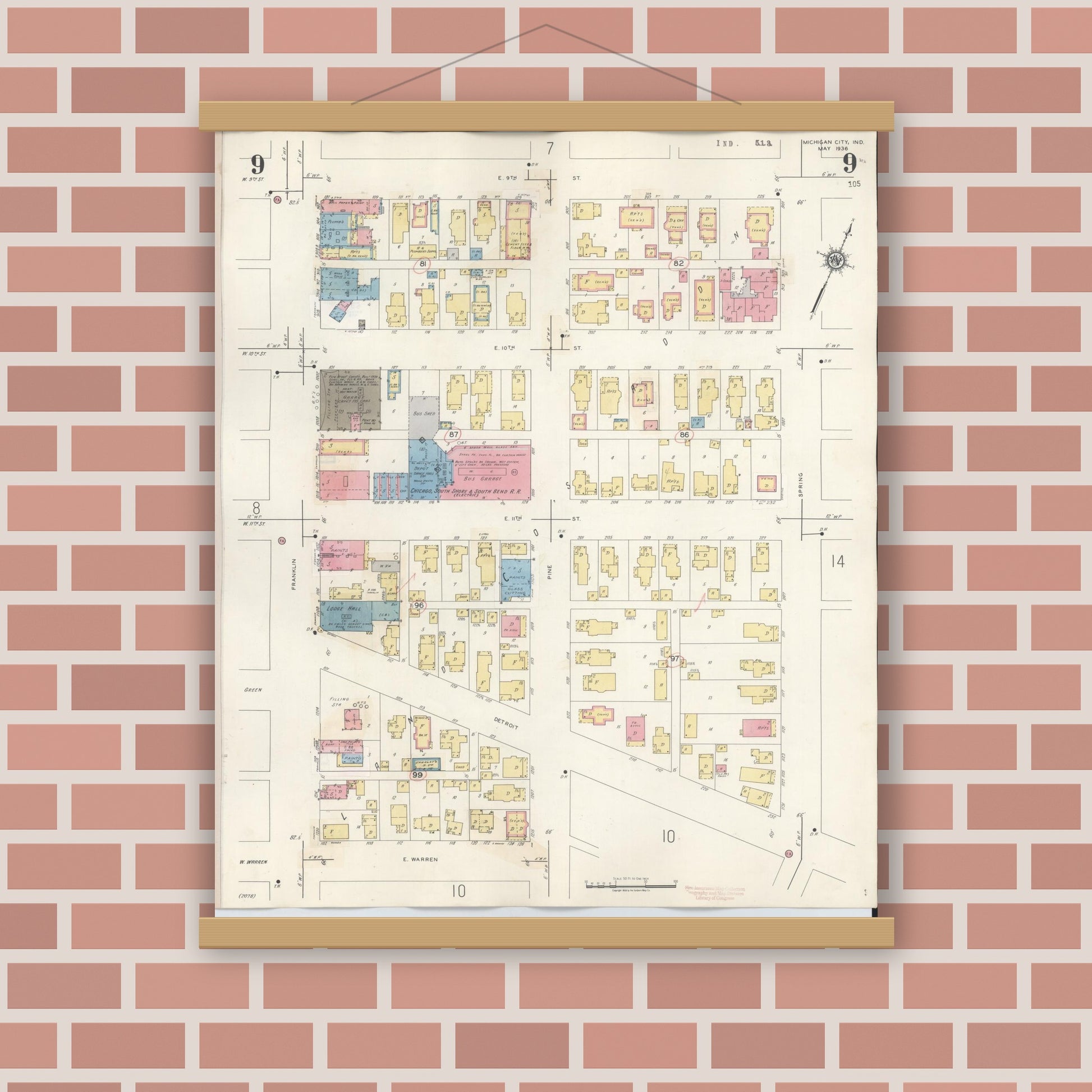 Old map wall art mockup — magnetic wood frame on brick wall — Sanborn Fire Insurance Map from Michigan City, La Porte County, Indiana (1948), Sheet #0009
