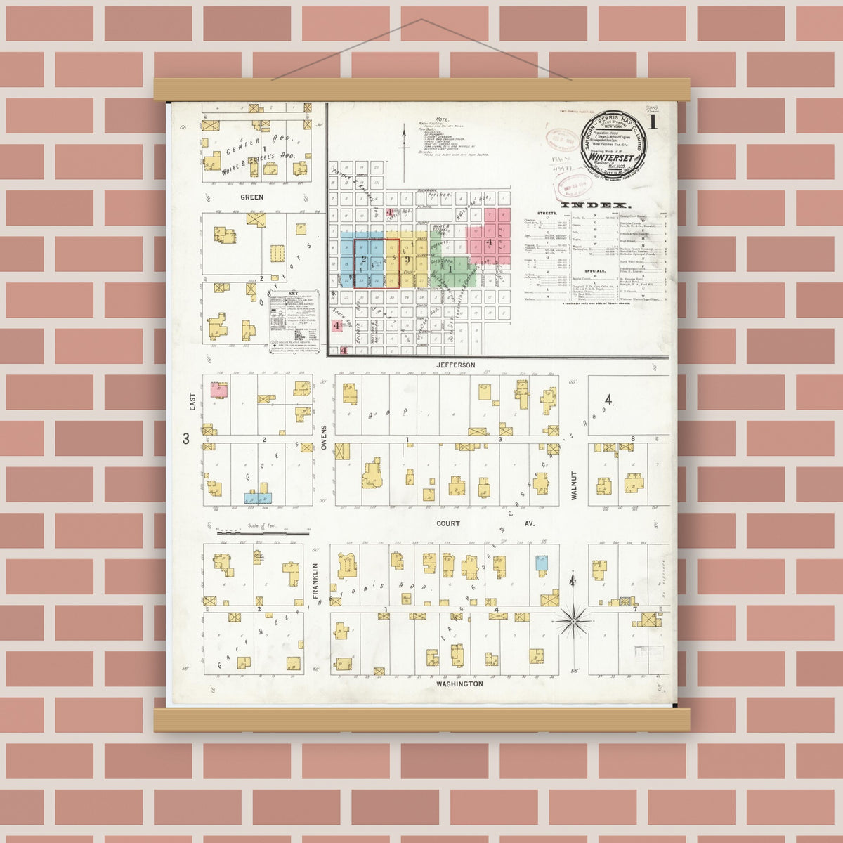 Old map wall art mockup — magnetic wood frame on brick wall — Sanborn Fire Insurance Map from Winterset, Madison County, Iowa (1899), Sheet #0001