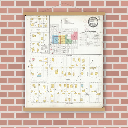 Old map wall art mockup — magnetic wood frame on brick wall — Sanborn Fire Insurance Map from Winterset, Madison County, Iowa (1899), Sheet #0001