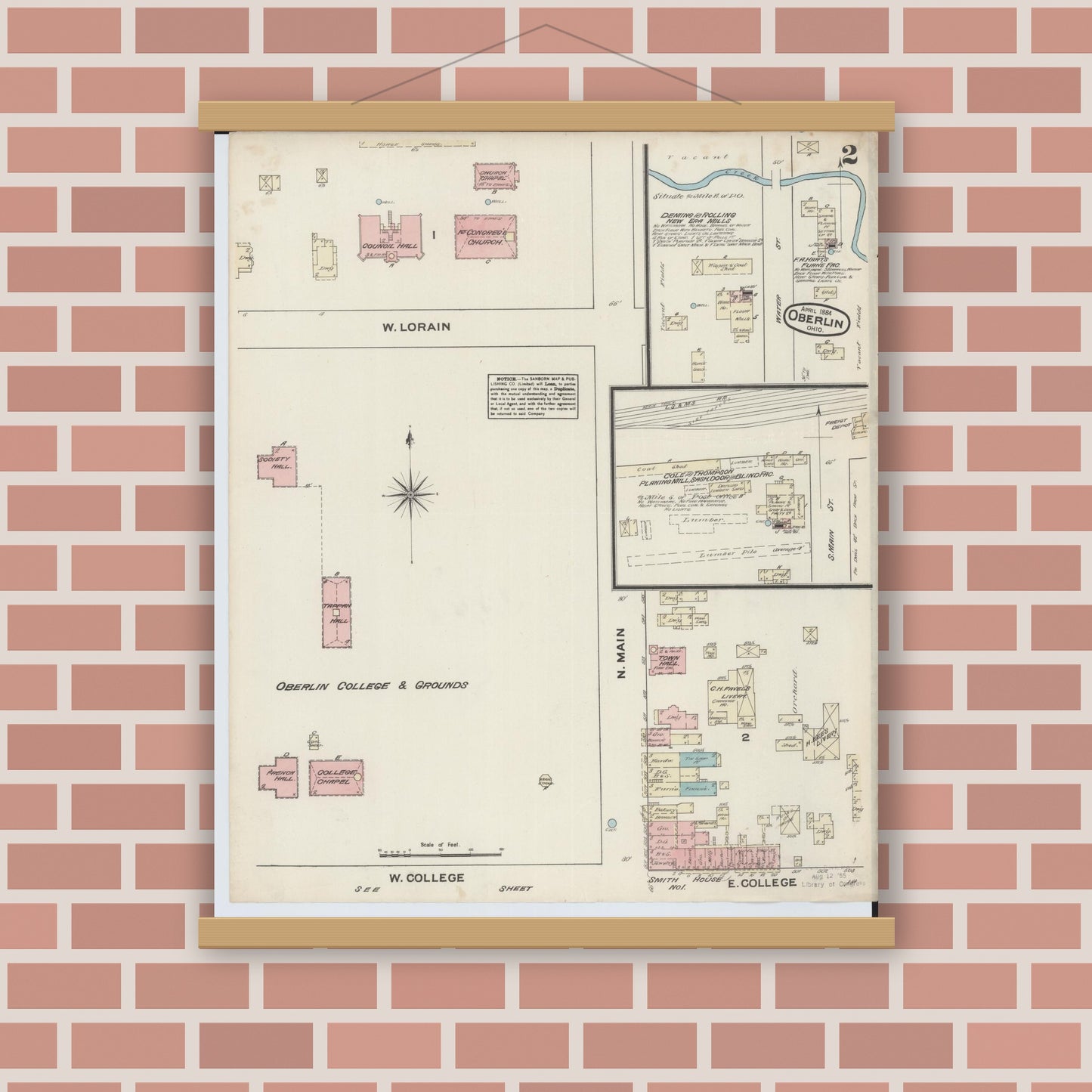 Old map wall art mockup — magnetic wood frame on brick wall — Sanborn Fire Insurance Map from Oberlin, Lorain County, Ohio (1884), Sheet #0002