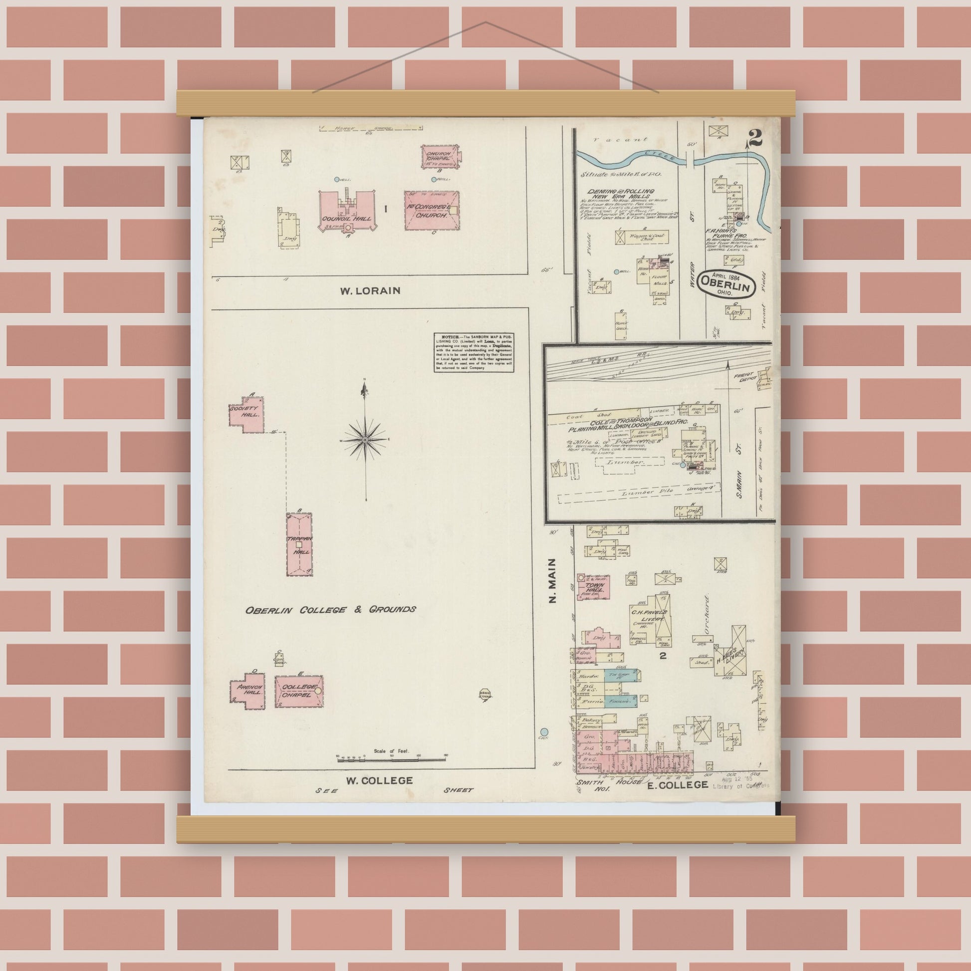 Old map wall art mockup — magnetic wood frame on brick wall — Sanborn Fire Insurance Map from Oberlin, Lorain County, Ohio (1884), Sheet #0002