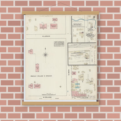 Old map wall art mockup — magnetic wood frame on brick wall — Sanborn Fire Insurance Map from Oberlin, Lorain County, Ohio (1884), Sheet #0002