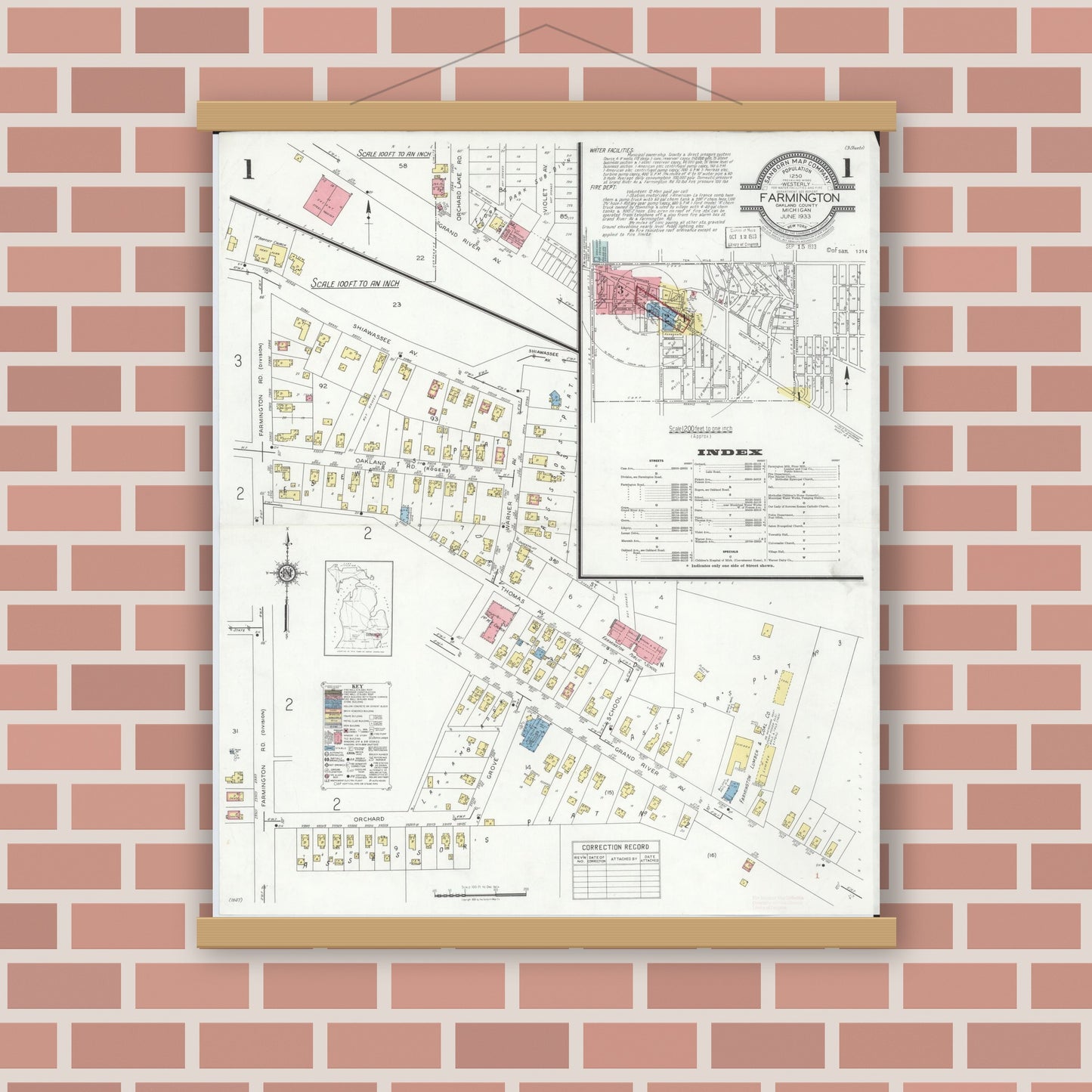Old map wall art mockup — magnetic wood frame on brick wall — Sanborn Fire Insurance Map from Farmington, Oakland County, Michigan (1933) - Complete Map Set