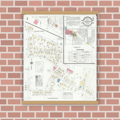 Old map wall art mockup — magnetic wood frame on brick wall — Sanborn Fire Insurance Map from Farmington, Oakland County, Michigan (1933) - Complete Map Set