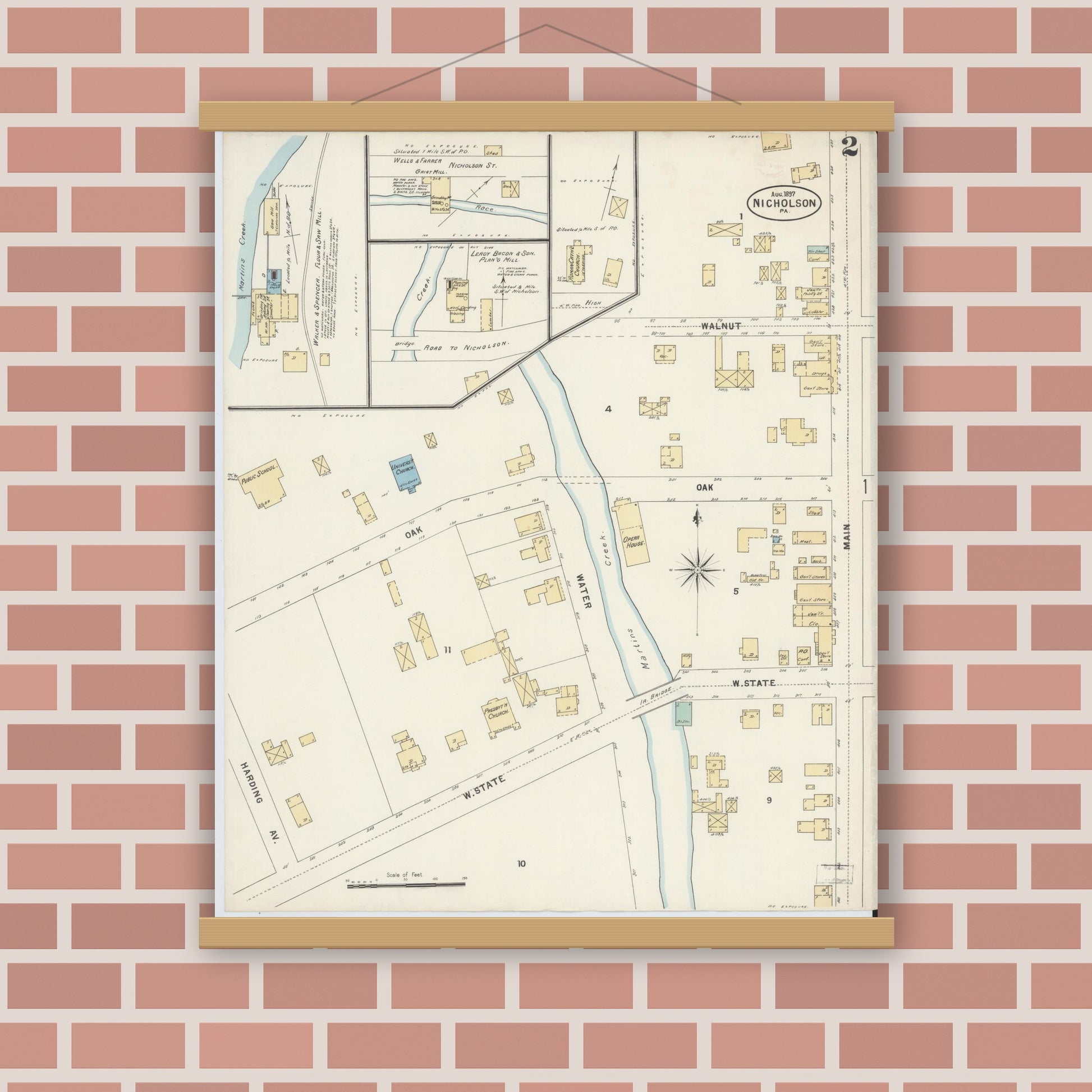 Old map wall art mockup — magnetic wood frame on brick wall — Sanborn Fire Insurance Map from Nicholson, Wyoming County, Pennsylvania (1897), Sheet #0002