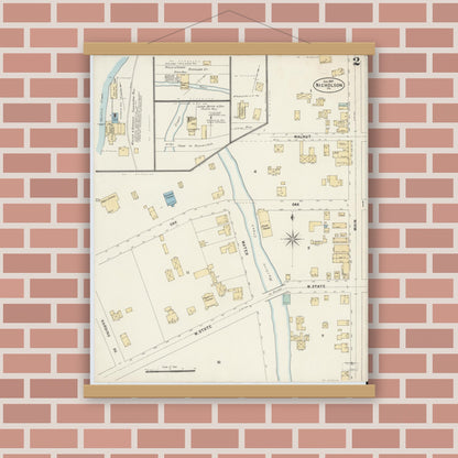 Old map wall art mockup — magnetic wood frame on brick wall — Sanborn Fire Insurance Map from Nicholson, Wyoming County, Pennsylvania (1897), Sheet #0002