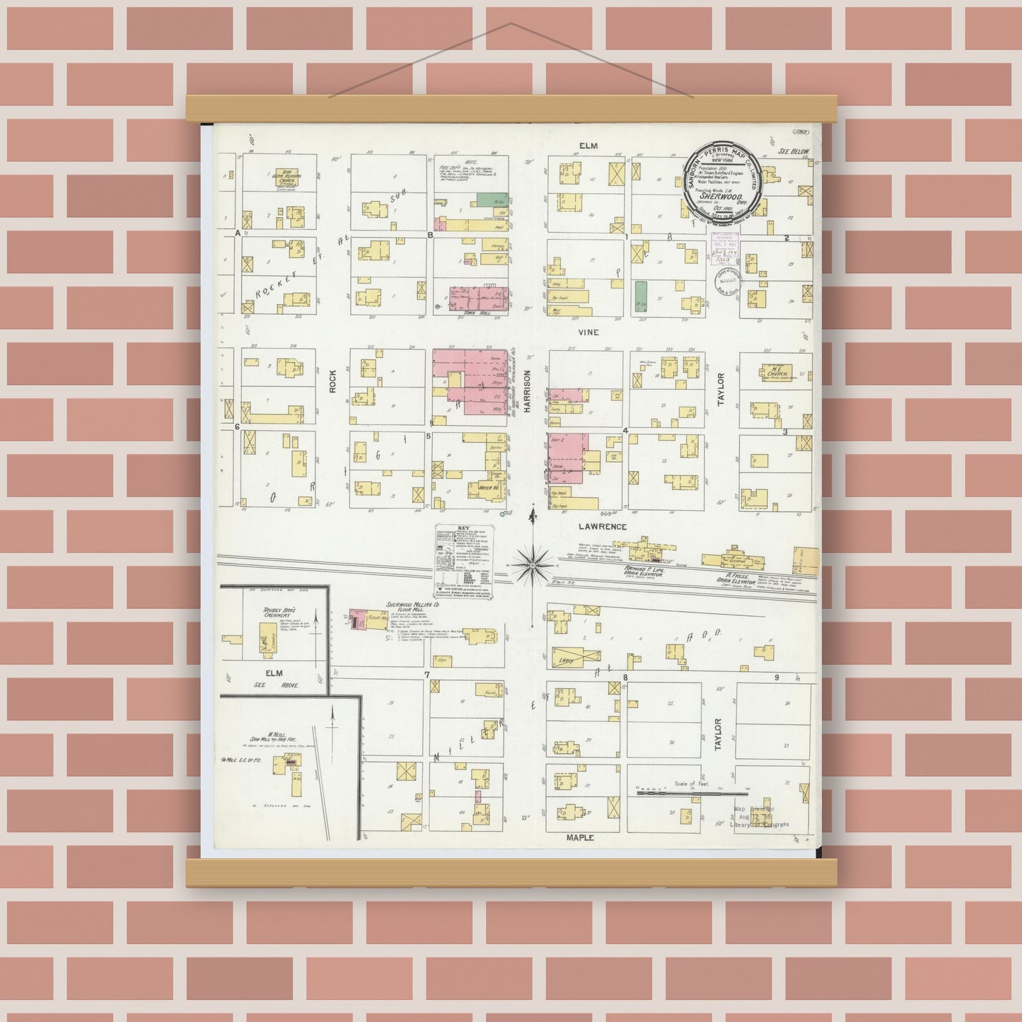 Old map wall art mockup — magnetic wood frame on brick wall — Sanborn Fire Insurance Map from Sherwood, Defiance County, Ohio (1901), Sheet #0001