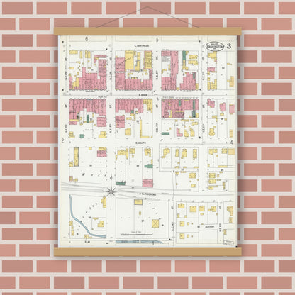 Old map wall art mockup — magnetic wood frame on brick wall — Sanborn Fire Insurance Map from Washington, Daviess County, Indiana (1902), Sheet #0003