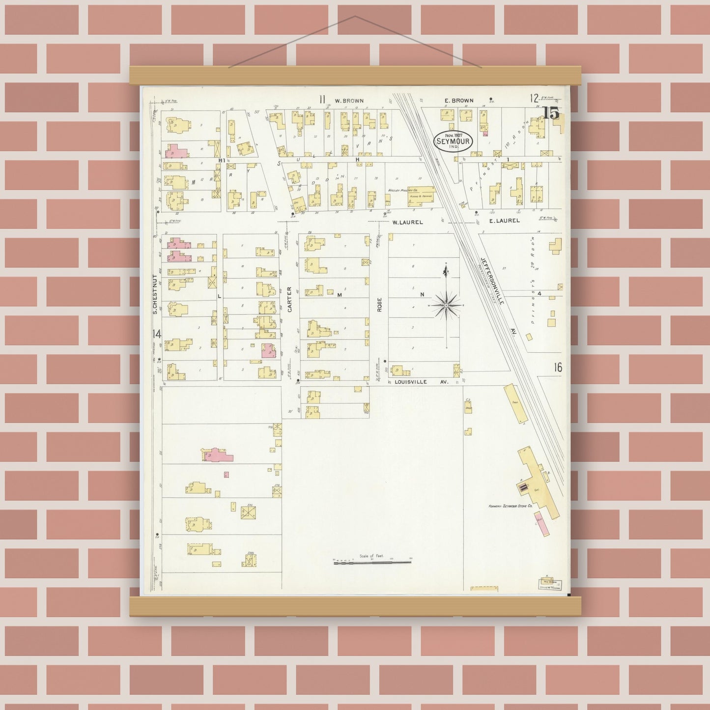 Old map wall art mockup — magnetic wood frame on brick wall — Sanborn Fire Insurance Map from Seymour, Jackson County, Indiana (1907), Sheet #0015