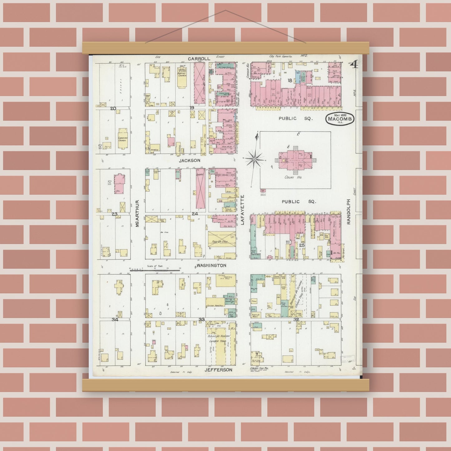 Old map wall art mockup — magnetic wood frame on brick wall — Sanborn Fire Insurance Map from Macomb, Mcdonough County, Illinois (1892), Sheet #0004