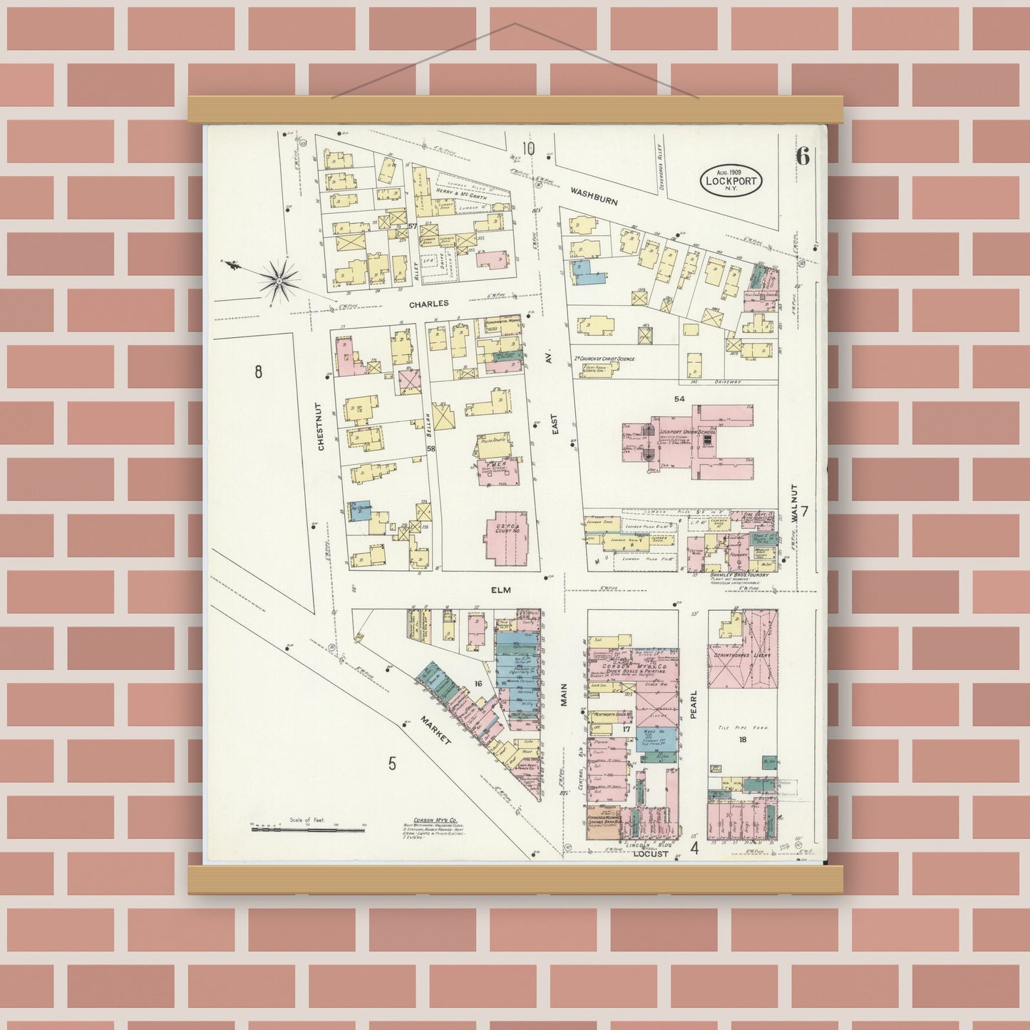 Old map wall art mockup — magnetic wood frame on brick wall — Sanborn Fire Insurance Map from Lockport, Niagara County, New York (1909), Sheet #0006