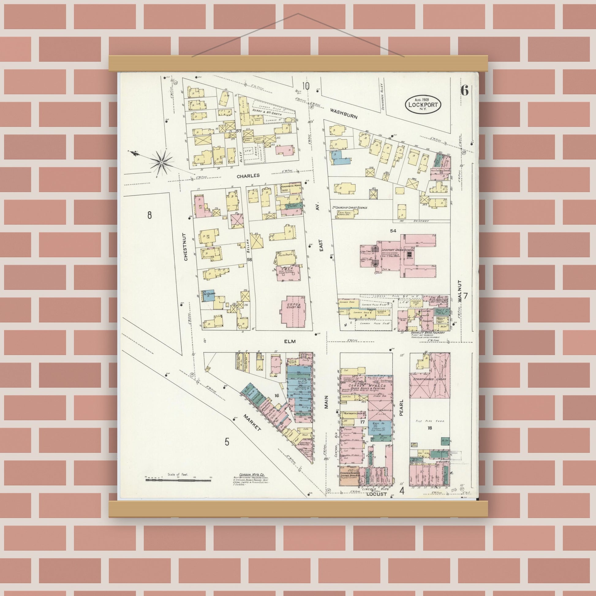 Old map wall art mockup — magnetic wood frame on brick wall — Sanborn Fire Insurance Map from Lockport, Niagara County, New York (1909), Sheet #0006