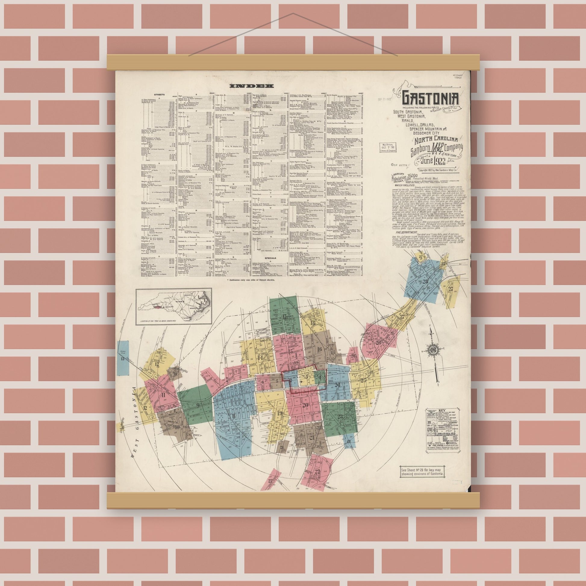 Old map wall art mockup — magnetic wood frame on brick wall — Sanborn Fire Insurance Map from Gastonia, Gaston County, North Carolina (1922), Sheet #0001