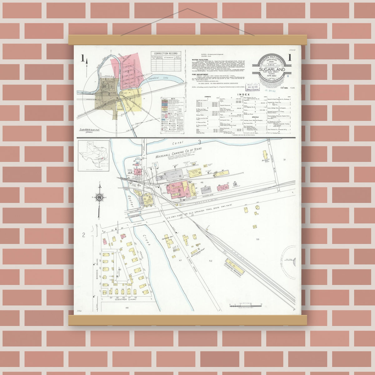 Old map wall art mockup — magnetic wood frame on brick wall — Sanborn Fire Insurance Map from Sugarland, Fort Bend County, Texas (1940) - Complete Map Set