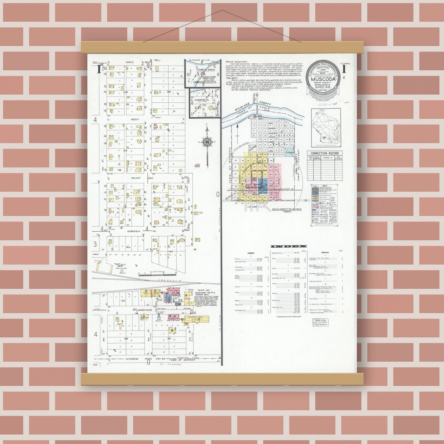 Old map wall art mockup — magnetic wood frame on brick wall — Sanborn Fire Insurance Map from Muscoda, Grant County, Wisconsin (1949) - Complete Map Set