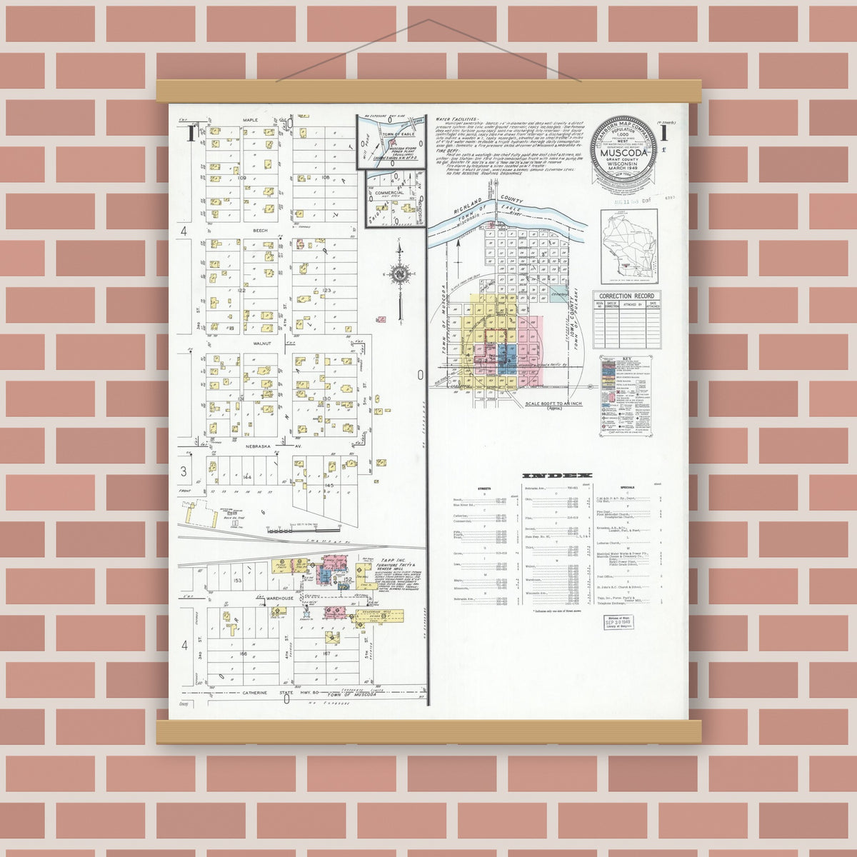 Old map wall art mockup — magnetic wood frame on brick wall — Sanborn Fire Insurance Map from Muscoda, Grant County, Wisconsin (1949) - Complete Map Set