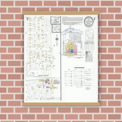 Old map wall art mockup — magnetic wood frame on brick wall — Sanborn Fire Insurance Map from Muscoda, Grant County, Wisconsin (1949) - Complete Map Set