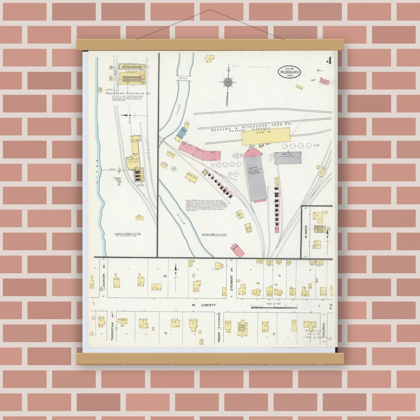 Old map wall art mockup — magnetic wood frame on brick wall — Sanborn Fire Insurance Map from Hubbard, Trumbull County, Ohio (1911), Sheet #0004