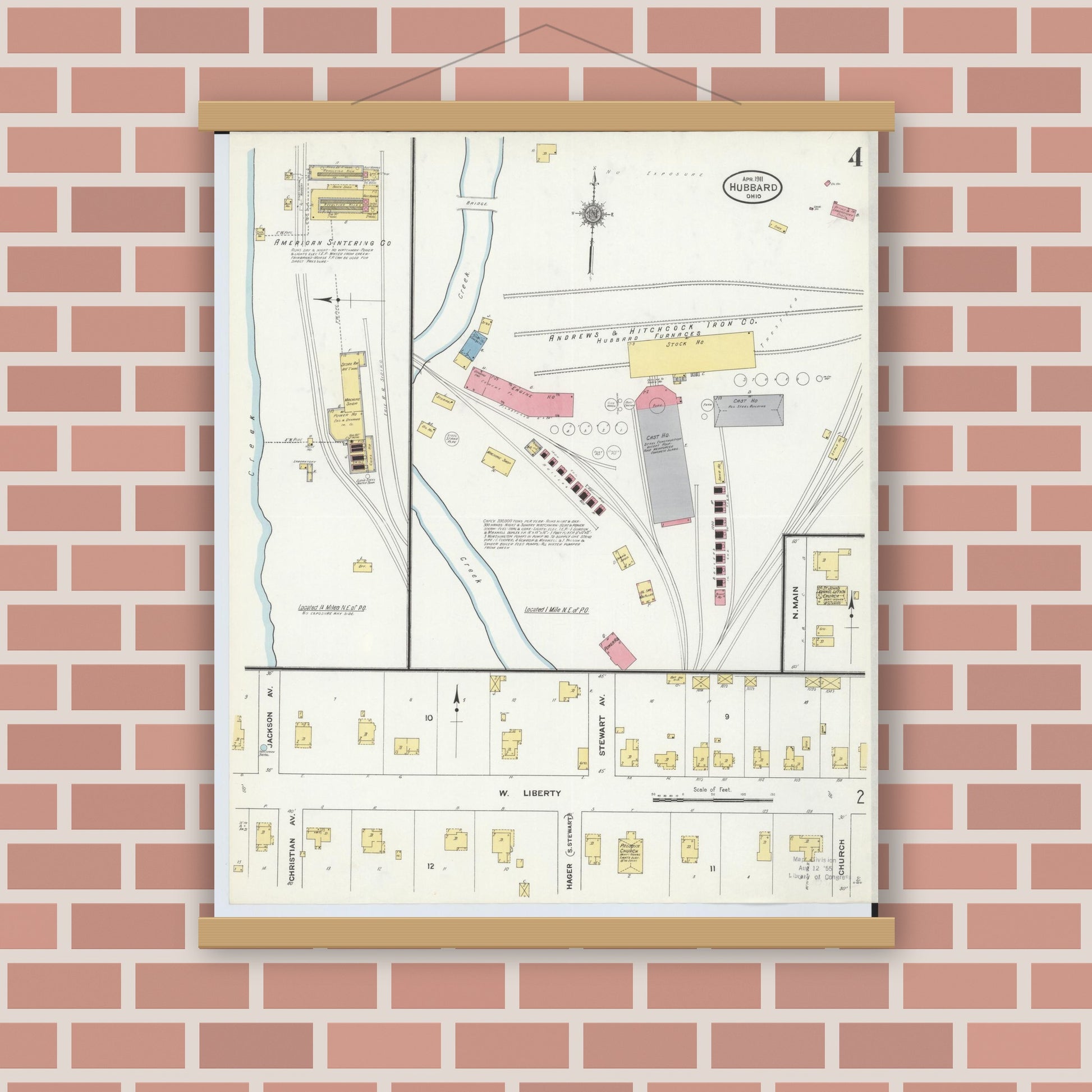 Old map wall art mockup — magnetic wood frame on brick wall — Sanborn Fire Insurance Map from Hubbard, Trumbull County, Ohio (1911), Sheet #0004