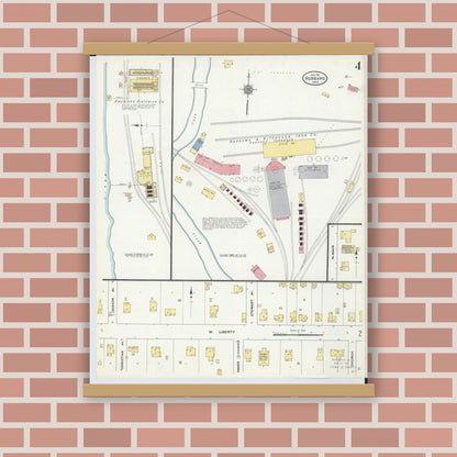 Old map wall art mockup — magnetic wood frame on brick wall — Sanborn Fire Insurance Map from Hubbard, Trumbull County, Ohio (1911), Sheet #0004