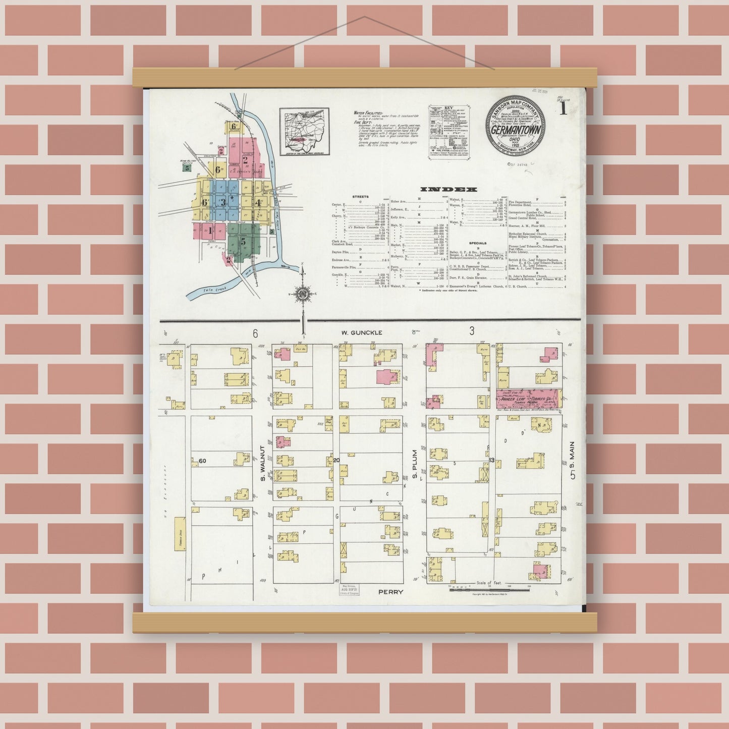 Old map wall art mockup — magnetic wood frame on brick wall — Sanborn Fire Insurance Map from Germantown, Montgomery County, Ohio (1921) - Complete Map Set