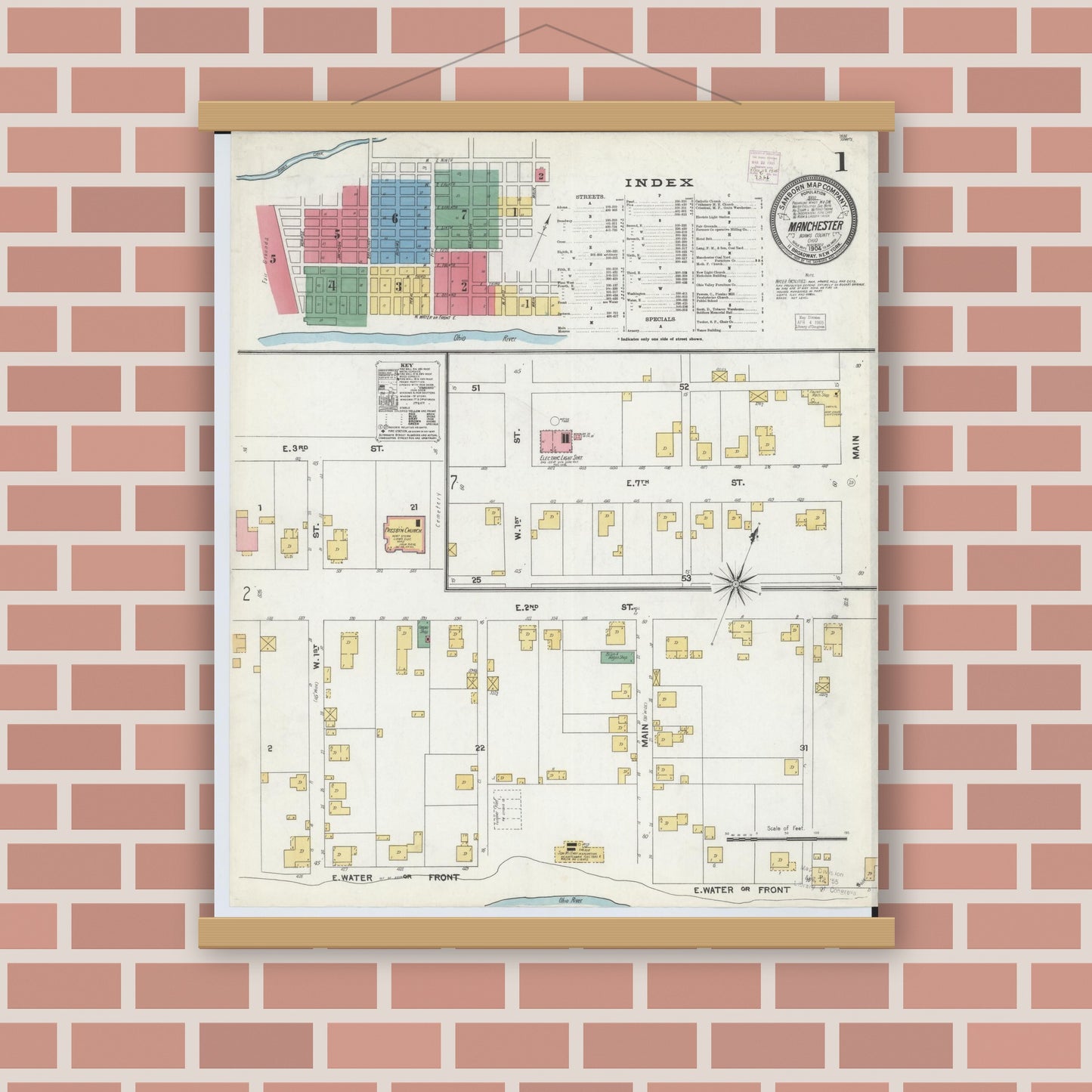 Old map wall art mockup — magnetic wood frame on brick wall — Sanborn Fire Insurance Map from Manchester, Adams County, Ohio (1904), Sheet #0001