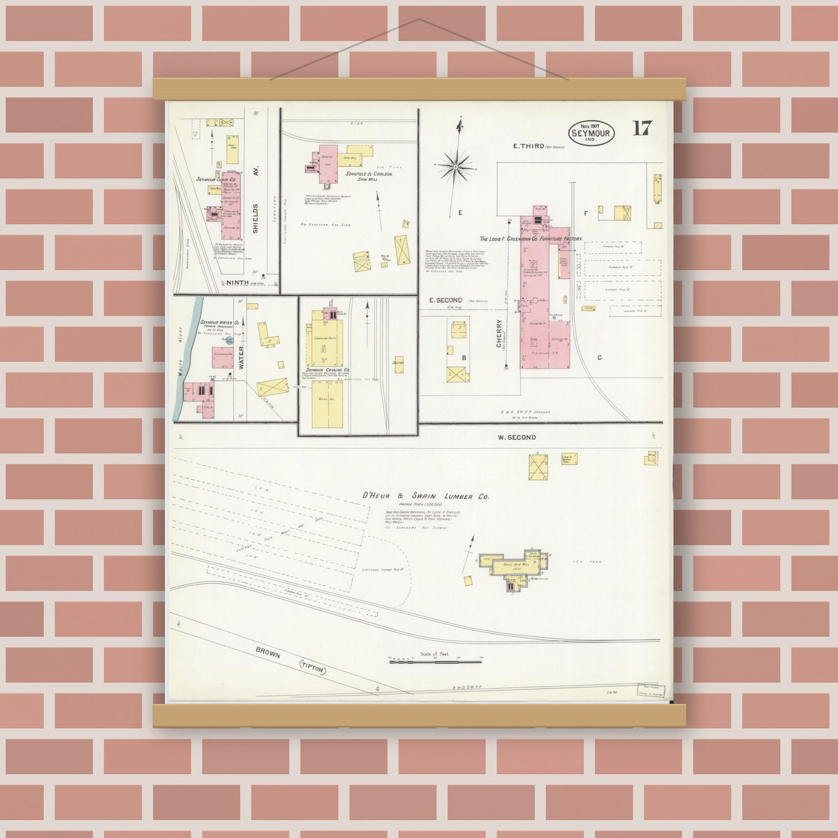 Old map wall art mockup — magnetic wood frame on brick wall — Sanborn Fire Insurance Map from Seymour, Jackson County, Indiana (1907), Sheet #0017