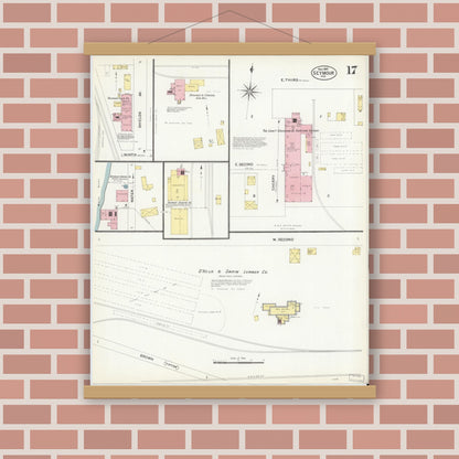 Old map wall art mockup — magnetic wood frame on brick wall — Sanborn Fire Insurance Map from Seymour, Jackson County, Indiana (1907), Sheet #0017