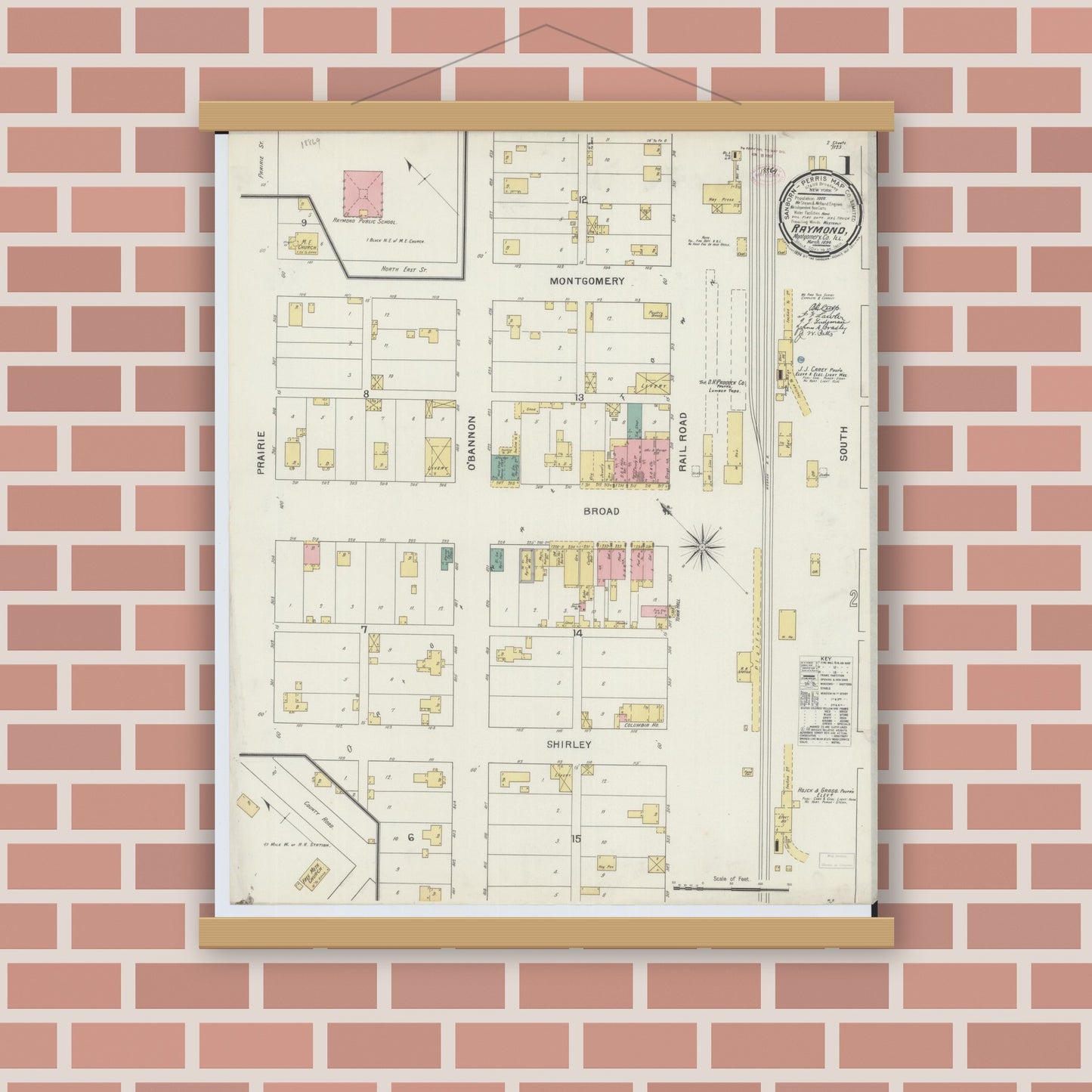 Old map wall art mockup — magnetic wood frame on brick wall — Sanborn Fire Insurance Map from Raymond, Montgomery County, Illinois (1894), Sheet #0001