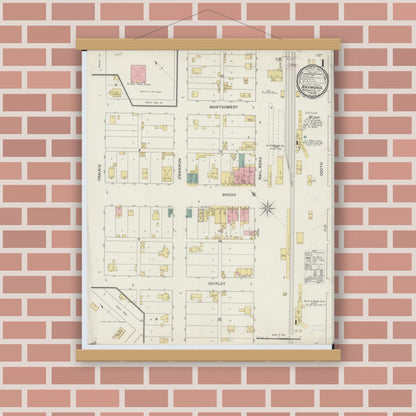 Old map wall art mockup — magnetic wood frame on brick wall — Sanborn Fire Insurance Map from Raymond, Montgomery County, Illinois (1894), Sheet #0001