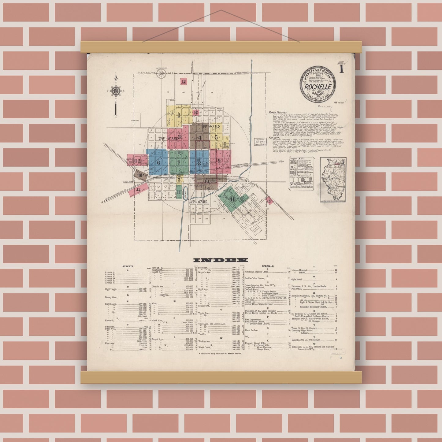 Old map wall art mockup — magnetic wood frame on brick wall — Sanborn Fire Insurance Map from Rochelle, Ogle County, Illinois (1922), Sheet #0001