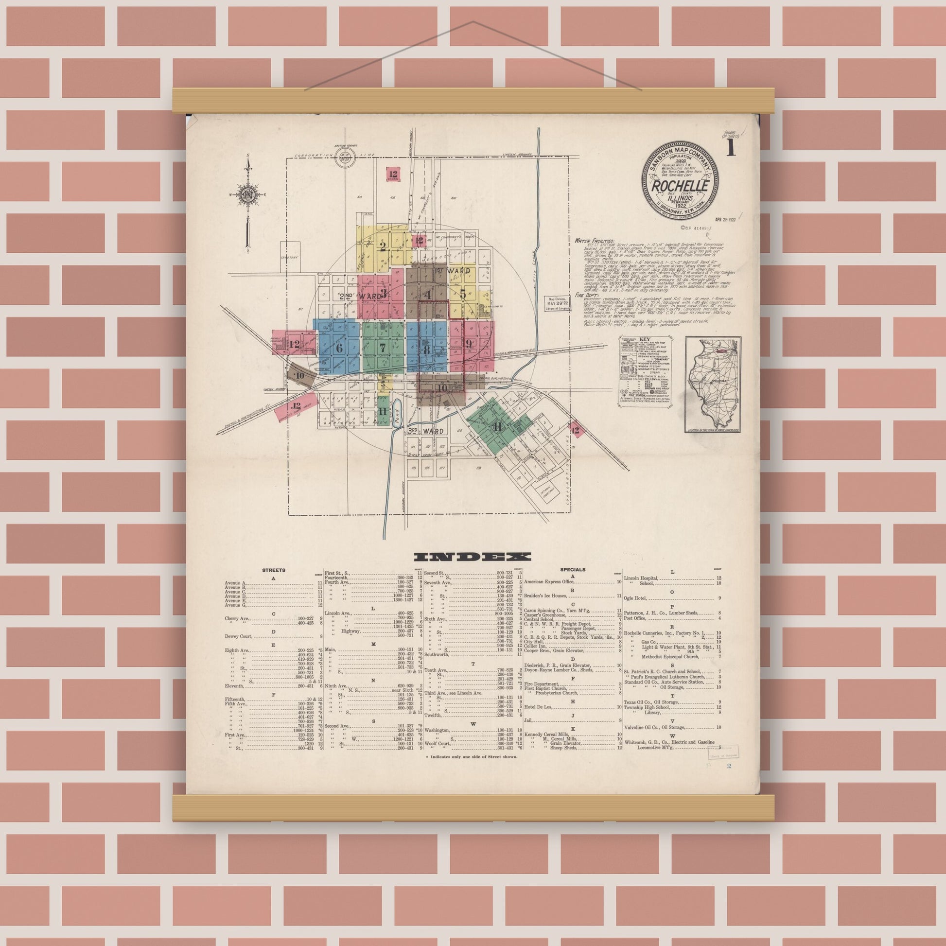 Old map wall art mockup — magnetic wood frame on brick wall — Sanborn Fire Insurance Map from Rochelle, Ogle County, Illinois (1922), Sheet #0001